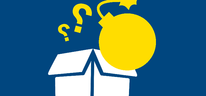 Bomb threat icon, white box with yellow bomb and question marks on blue background